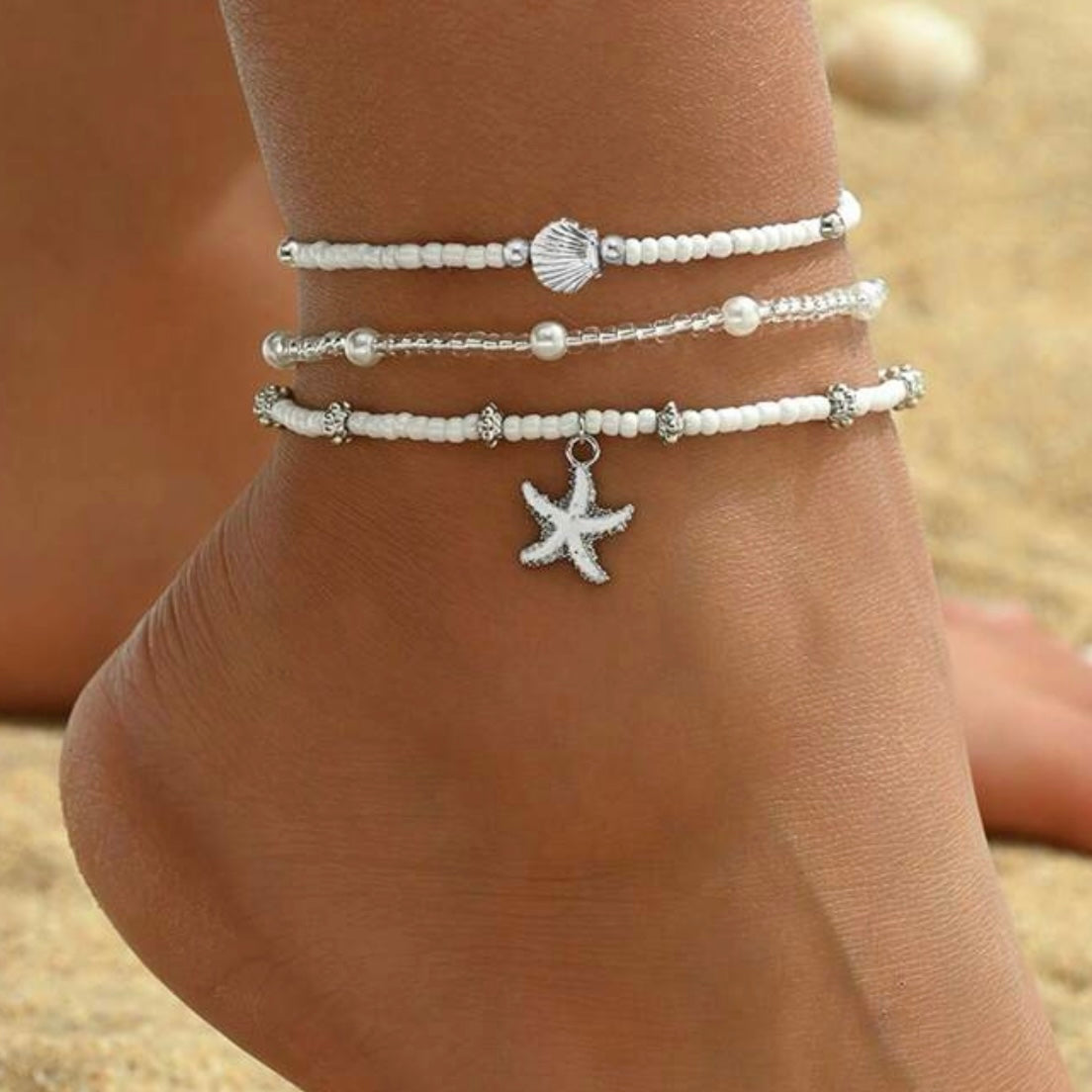 Seashore Beaded Anklet - Silver